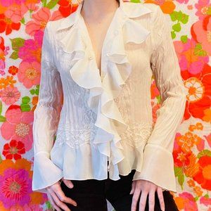 Vintage y2k ivory ruffle romantic poet blouse with frilly neckline